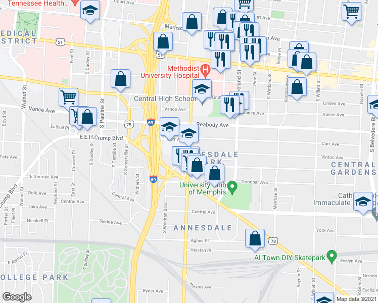 map of restaurants, bars, coffee shops, grocery stores, and more near S Bellevue Blvd & Vinton Ave in Memphis
