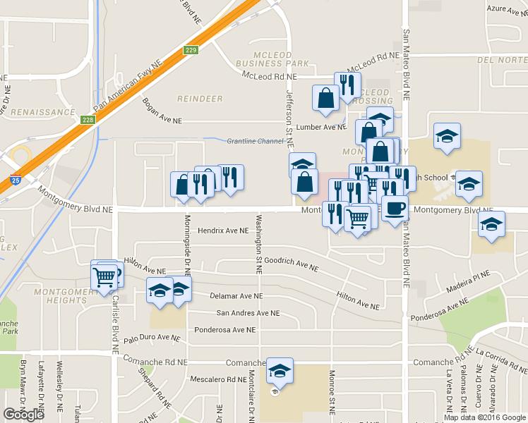 map of restaurants, bars, coffee shops, grocery stores, and more near in Albuquerque