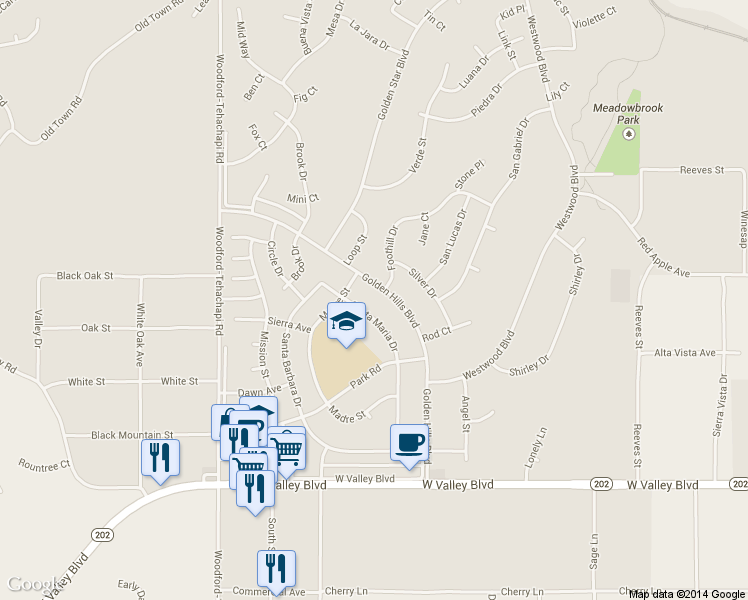 map of restaurants, bars, coffee shops, grocery stores, and more near 21465 Foothill Drive in Tehachapi