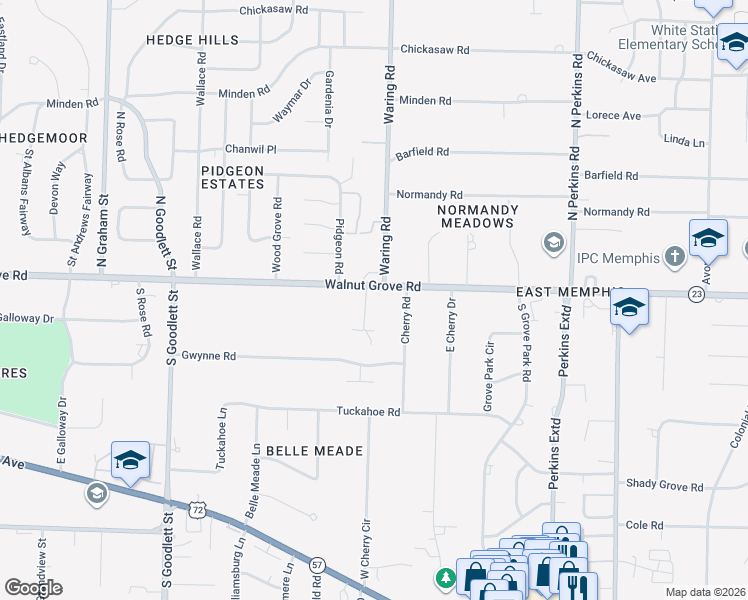 map of restaurants, bars, coffee shops, grocery stores, and more near 4352 Walnut Grove Road in Memphis