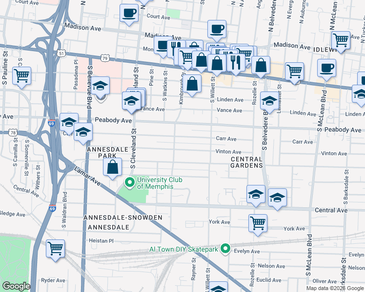 map of restaurants, bars, coffee shops, grocery stores, and more near 1492 Carr Avenue in Memphis
