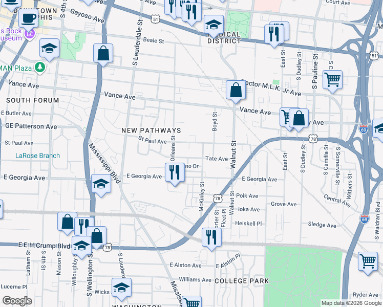 map of restaurants, bars, coffee shops, grocery stores, and more near 683 Saint Paul Avenue in Memphis