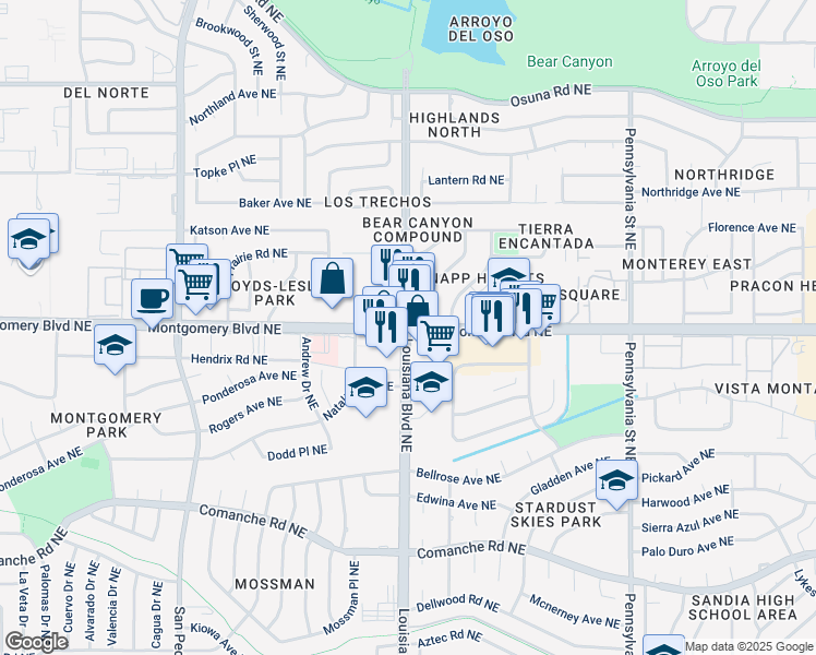 map of restaurants, bars, coffee shops, grocery stores, and more near Montgomery Blvd NE & Louisiana Blvd NE in Albuquerque