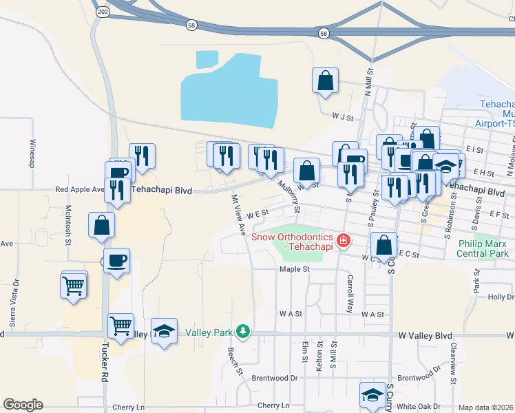 map of restaurants, bars, coffee shops, grocery stores, and more near 4 West E Street in Tehachapi