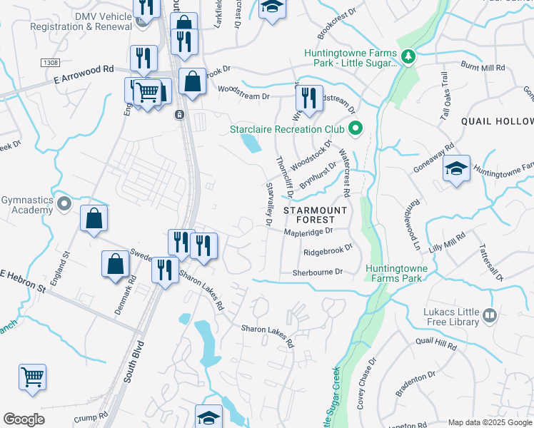 map of restaurants, bars, coffee shops, grocery stores, and more near 7406 Starvalley Drive in Charlotte