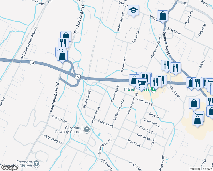 map of restaurants, bars, coffee shops, grocery stores, and more near 561 Linda Dr SE in Cleveland