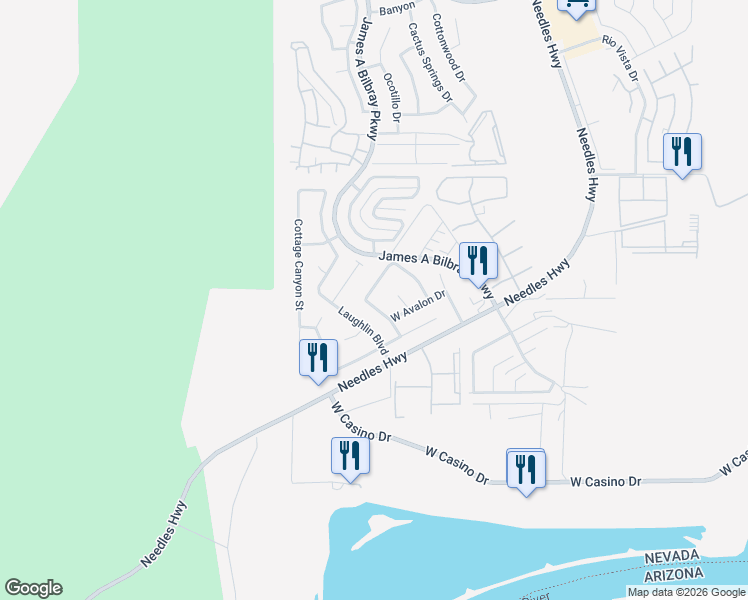 map of restaurants, bars, coffee shops, grocery stores, and more near 2191 Bayview Loop Drive in Laughlin