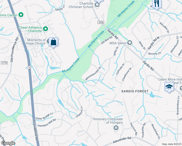 map of restaurants, bars, coffee shops, grocery stores, and more near 522 Mountainview Drive in Charlotte