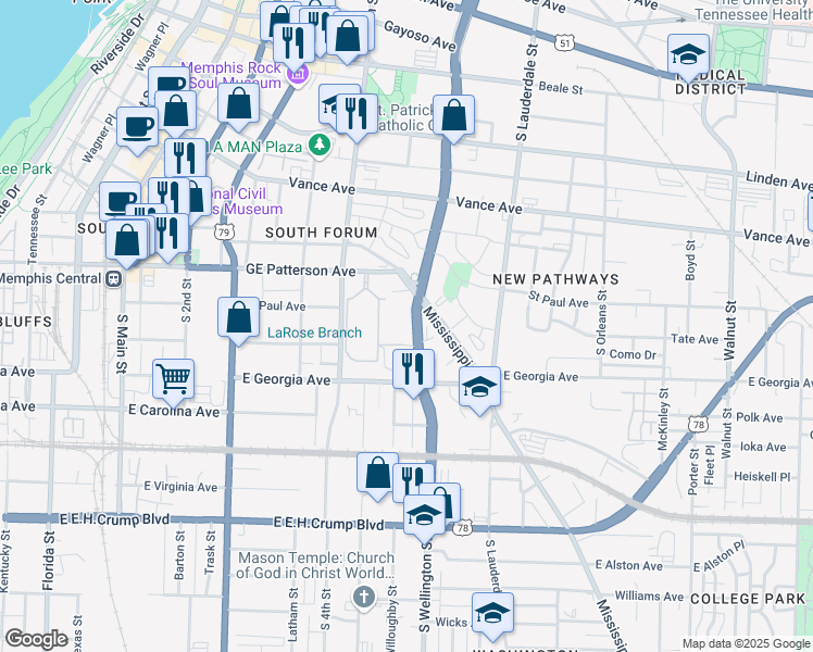 map of restaurants, bars, coffee shops, grocery stores, and more near 595 South Danny Thomas Boulevard in Memphis