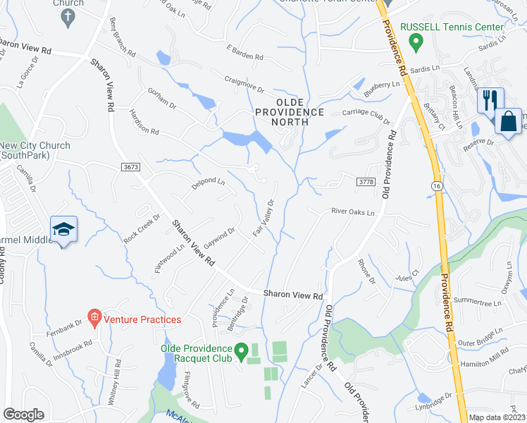 map of restaurants, bars, coffee shops, grocery stores, and more near 6200 Fair Valley Drive in Charlotte