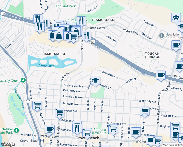 map of restaurants, bars, coffee shops, grocery stores, and more near Charles Street & Margarita Avenue in Grover Beach