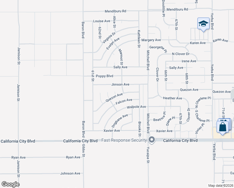 map of restaurants, bars, coffee shops, grocery stores, and more near Gull Court in California City