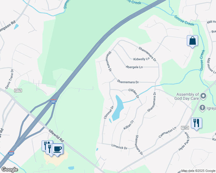 map of restaurants, bars, coffee shops, grocery stores, and more near 5626 Anglesey Court in Stallings