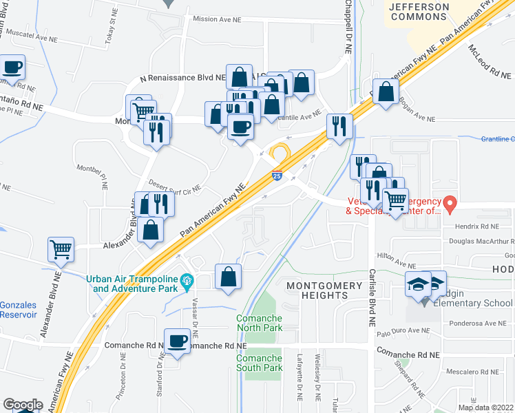 map of restaurants, bars, coffee shops, grocery stores, and more near 4318 Pan American Northeast in Albuquerque