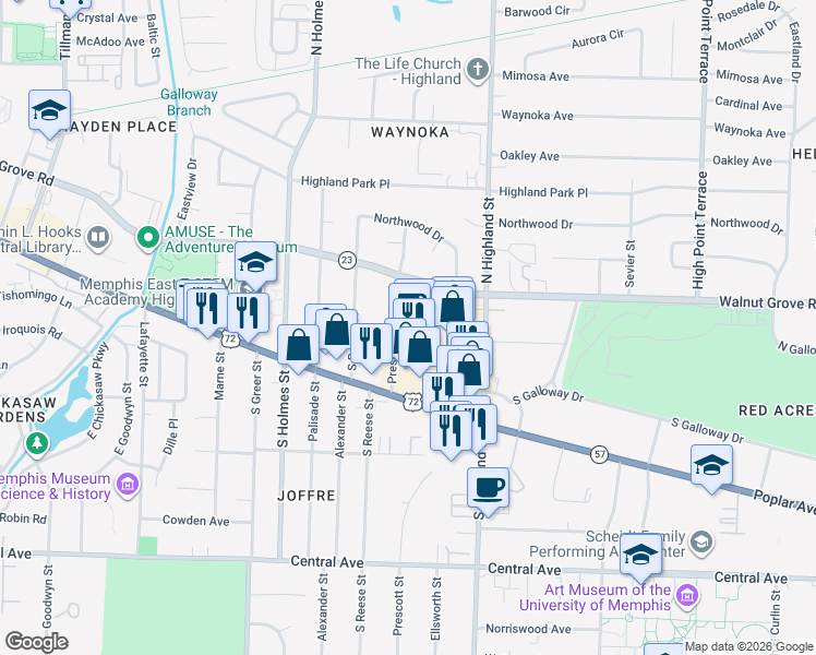 map of restaurants, bars, coffee shops, grocery stores, and more near 3444 Plaza Avenue in Memphis