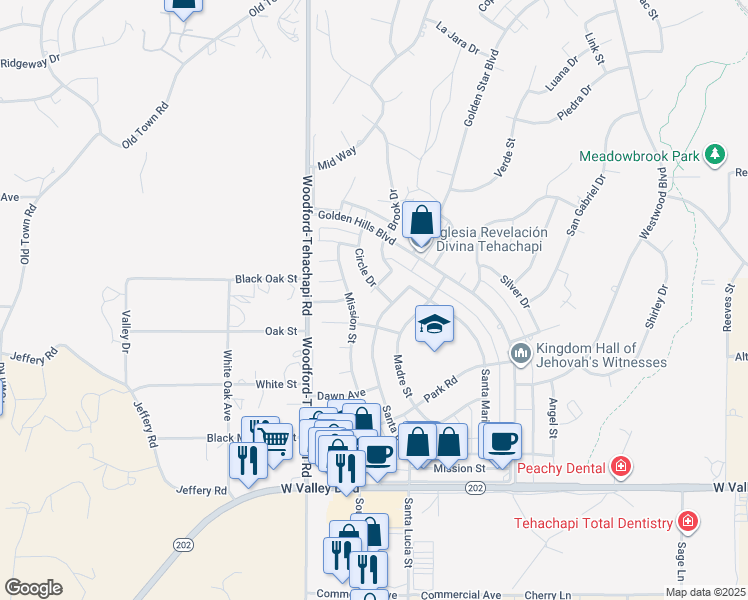 map of restaurants, bars, coffee shops, grocery stores, and more near 21410 Brook Drive in Tehachapi