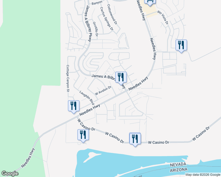 map of restaurants, bars, coffee shops, grocery stores, and more near 2063 West Avalon Drive in Laughlin