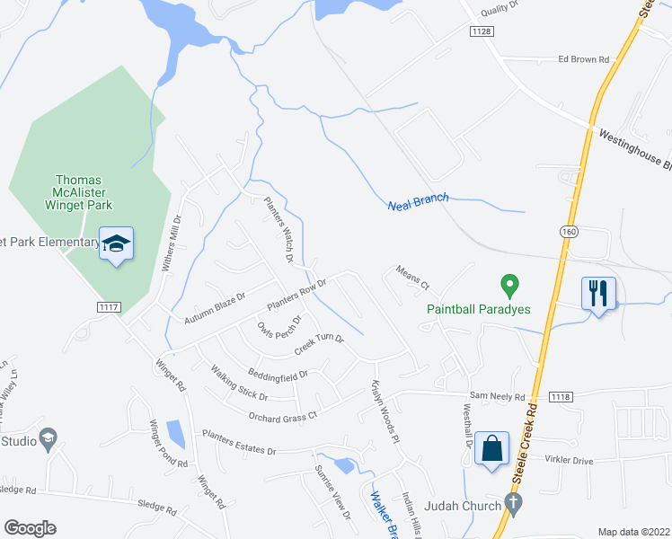 map of restaurants, bars, coffee shops, grocery stores, and more near 13046 Planters Row Drive in Charlotte