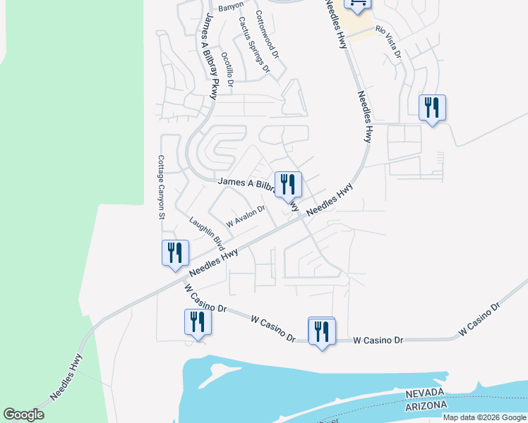 map of restaurants, bars, coffee shops, grocery stores, and more near 2063 West Avalon Drive in Laughlin