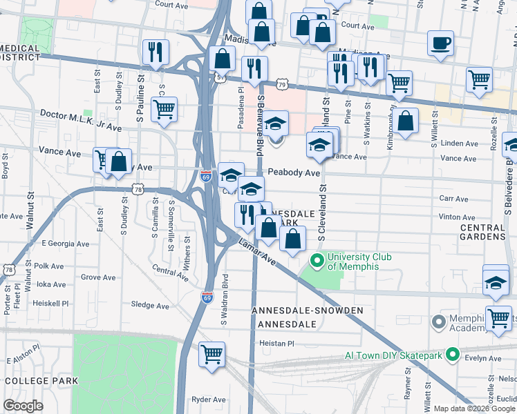 map of restaurants, bars, coffee shops, grocery stores, and more near in Memphis