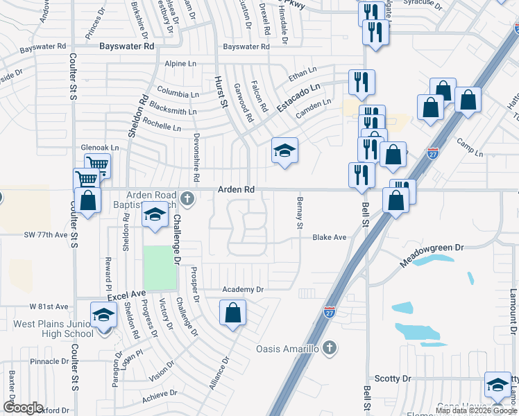 map of restaurants, bars, coffee shops, grocery stores, and more near 6405 Arden Road in Amarillo