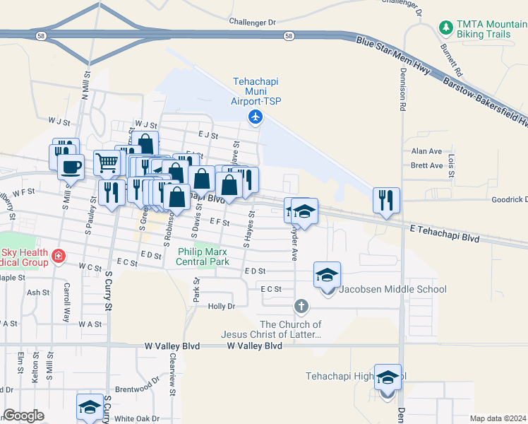 map of restaurants, bars, coffee shops, grocery stores, and more near 560 East Tehachapi Boulevard in Tehachapi