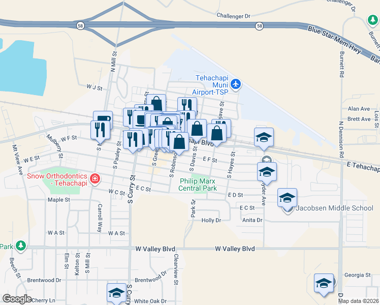 map of restaurants, bars, coffee shops, grocery stores, and more near 230 East Tehachapi Boulevard in Tehachapi