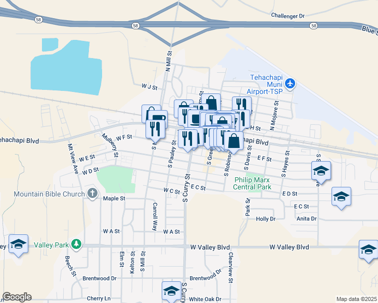 map of restaurants, bars, coffee shops, grocery stores, and more near in Tehachapi