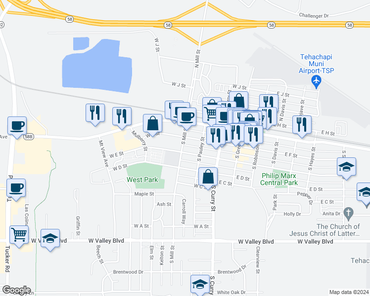 map of restaurants, bars, coffee shops, grocery stores, and more near 316 West F Street in Tehachapi