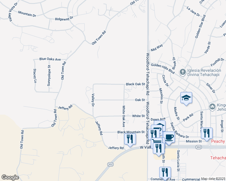 map of restaurants, bars, coffee shops, grocery stores, and more near 20804 Black Oak Street in Tehachapi