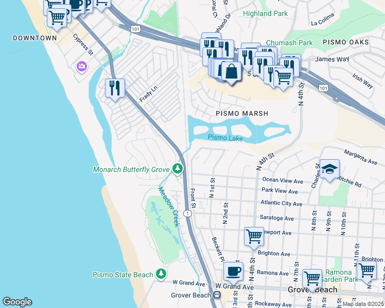 map of restaurants, bars, coffee shops, grocery stores, and more near 897 Front Street in Grover Beach