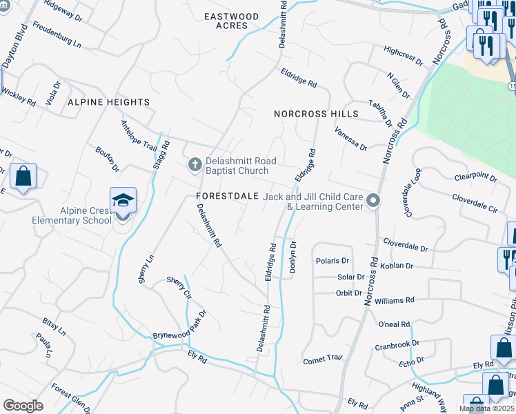 map of restaurants, bars, coffee shops, grocery stores, and more near 4795 Forest Wood Lane in Chattanooga