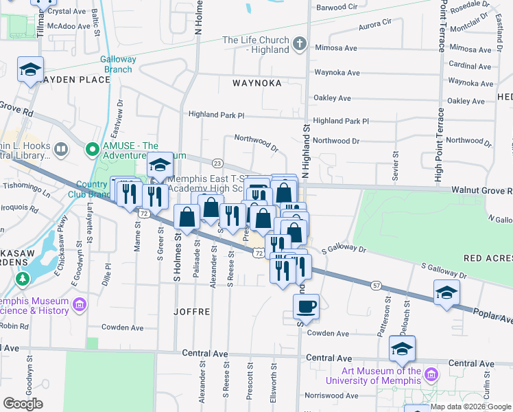 map of restaurants, bars, coffee shops, grocery stores, and more near 3431 Walnut Grove Road in Memphis