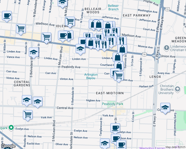 map of restaurants, bars, coffee shops, grocery stores, and more near 523 Diana Street in Memphis