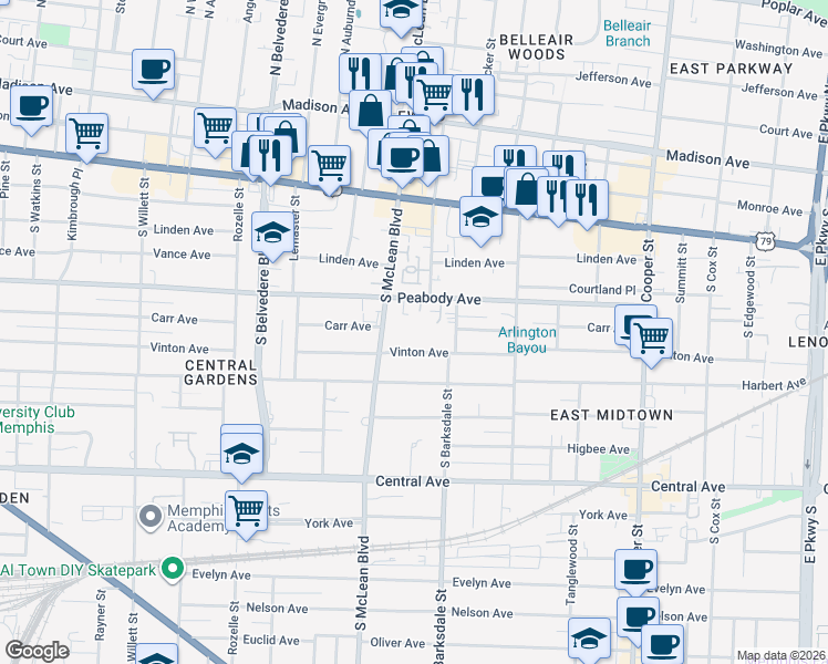 map of restaurants, bars, coffee shops, grocery stores, and more near 532 South McLean Boulevard in Memphis