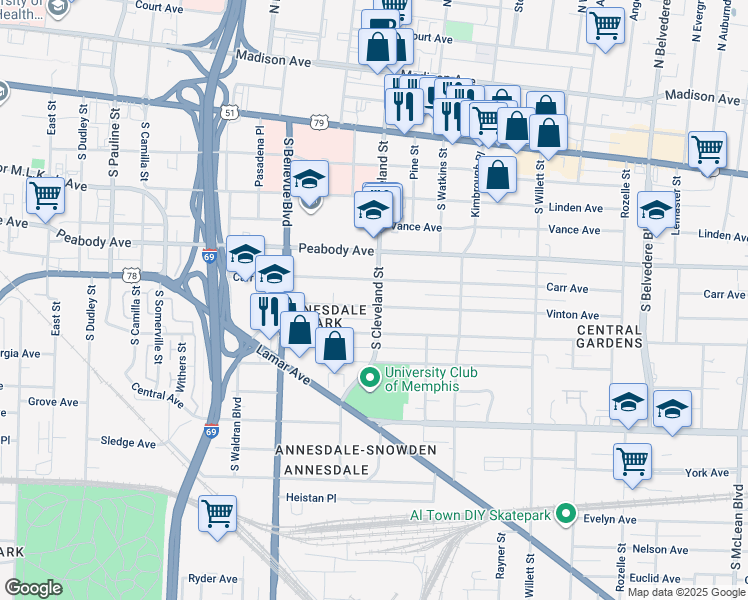map of restaurants, bars, coffee shops, grocery stores, and more near 1357 Carr Avenue in Memphis