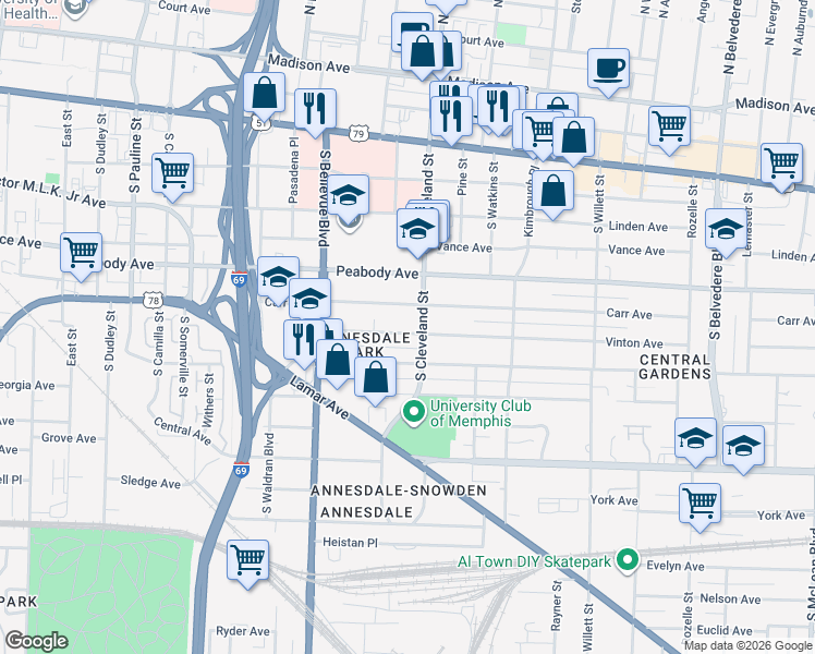 map of restaurants, bars, coffee shops, grocery stores, and more near 1317 Carr Avenue in Memphis