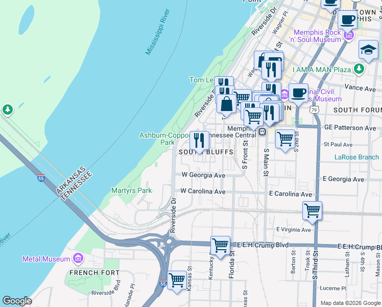 map of restaurants, bars, coffee shops, grocery stores, and more near 119 Nottoway Boulevard in Memphis