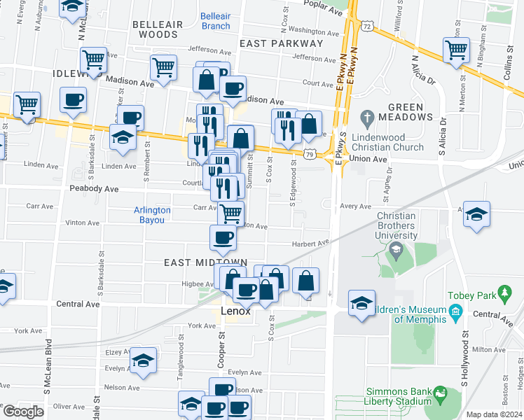 map of restaurants, bars, coffee shops, grocery stores, and more near 539 South Cox Street in Memphis