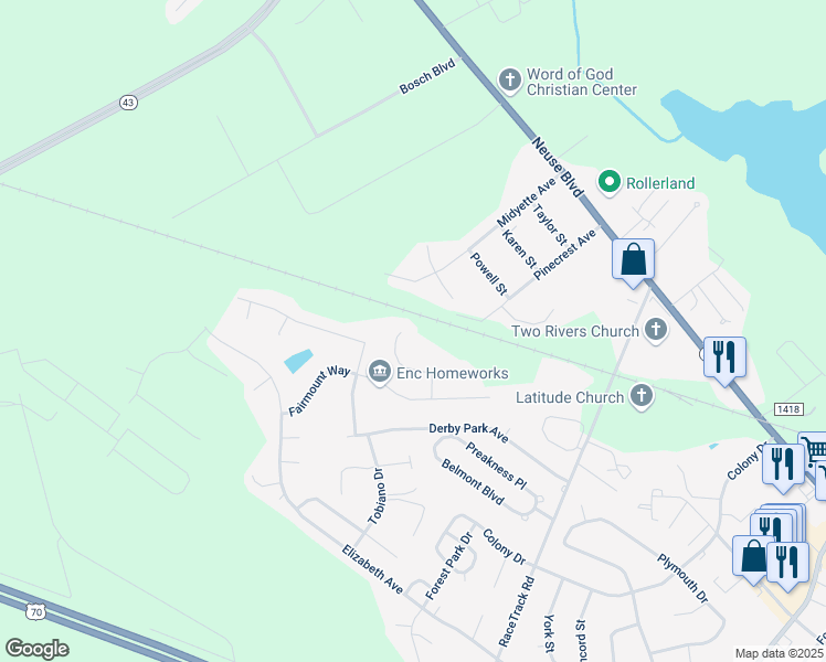 map of restaurants, bars, coffee shops, grocery stores, and more near 220 Church Hill Court in New Bern
