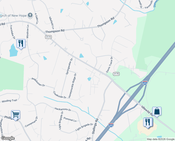 map of restaurants, bars, coffee shops, grocery stores, and more near 14208 Idlewild Rd in Matthews