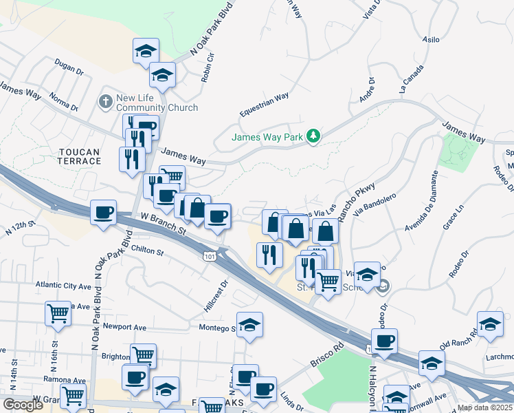 map of restaurants, bars, coffee shops, grocery stores, and more near 579 Camino Mercado in Arroyo Grande