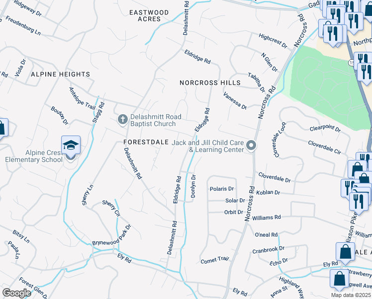 map of restaurants, bars, coffee shops, grocery stores, and more near 4715 Eldridge Road in Chattanooga