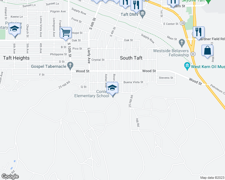 map of restaurants, bars, coffee shops, grocery stores, and more near 521 Rose Avenue in Taft