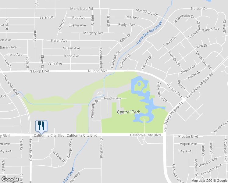 map of restaurants, bars, coffee shops, grocery stores, and more near Heather Place in California City