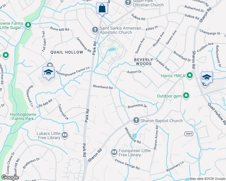map of restaurants, bars, coffee shops, grocery stores, and more near 3600 Ashton Drive in Charlotte