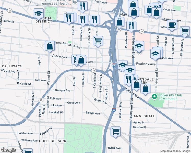 map of restaurants, bars, coffee shops, grocery stores, and more near 580 South Camilla Street in Memphis