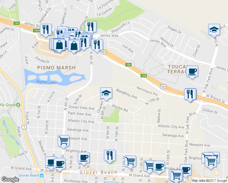map of restaurants, bars, coffee shops, grocery stores, and more near 932 Margarita Avenue in Grover Beach