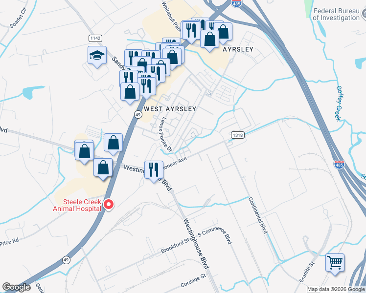 map of restaurants, bars, coffee shops, grocery stores, and more near 7630 Turley Ridge Lane in Charlotte