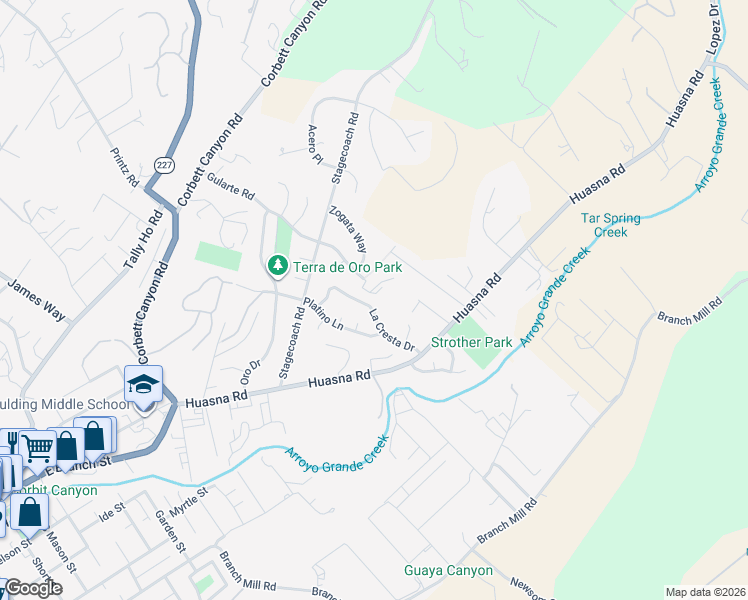map of restaurants, bars, coffee shops, grocery stores, and more near 241 La Cresta Drive in Arroyo Grande